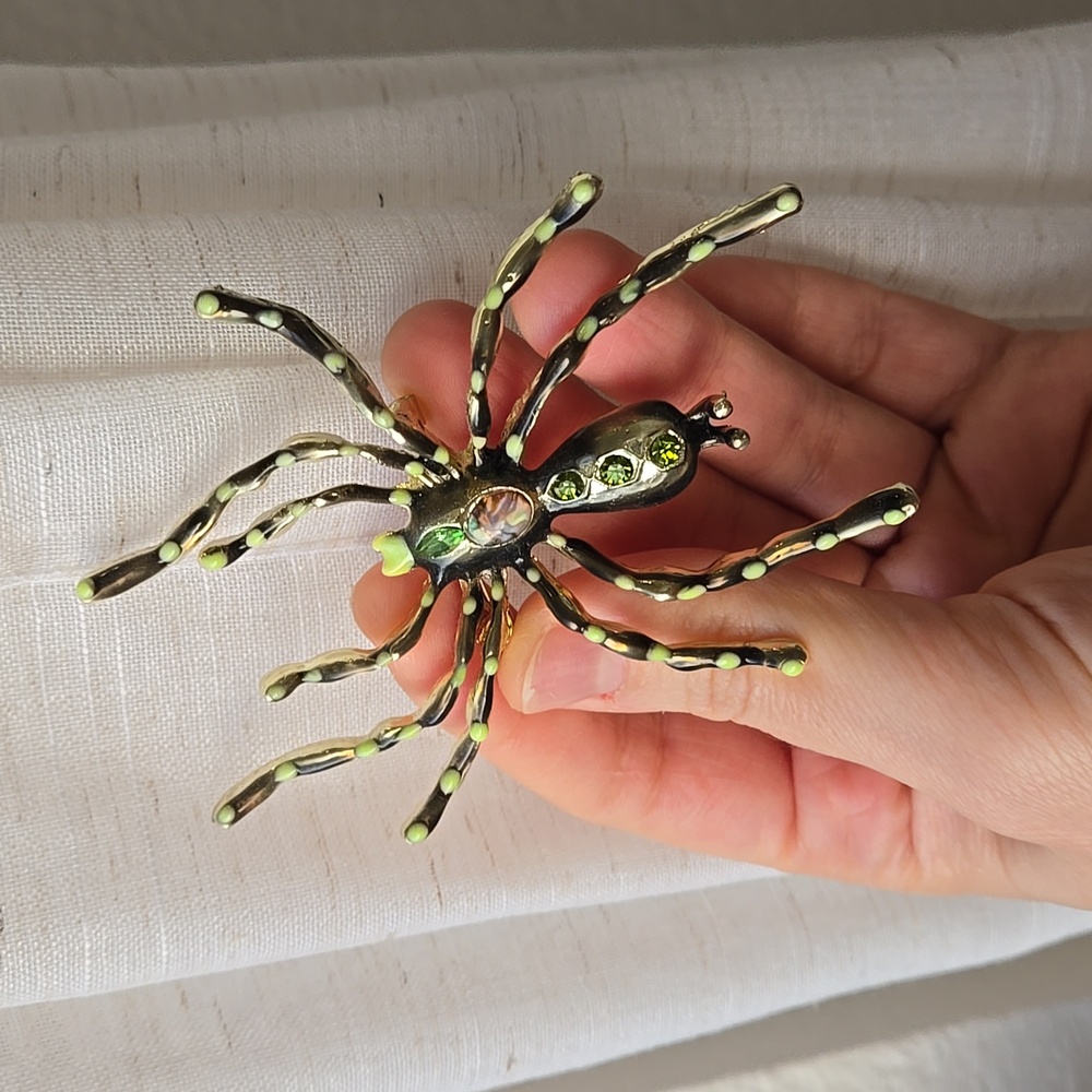 Unique Bejeweled Enamel Spider Brooch with Green Crystals, NWOT